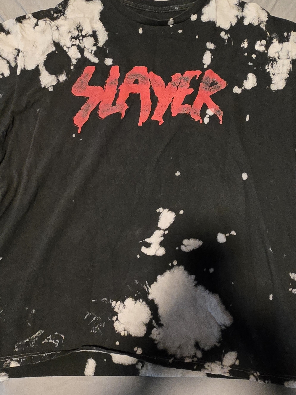 Authentic Slayer Graphic Bleach-Splatter Tee - Black & White with Red Logo